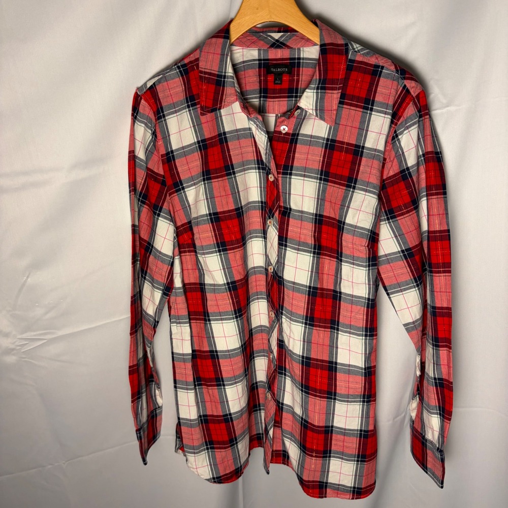 Talbots Red Plaid Metallic Lurex Button Down Shirt Womens‎ Large Long Sleeve